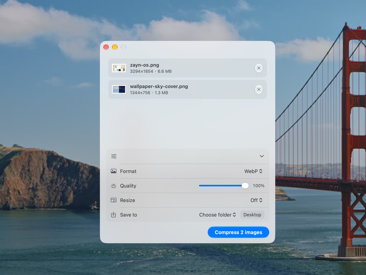 Minshot image compression window with an image list and format, quality, and size settings